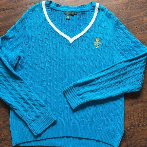 Ralph Lauren Active Cotton V-neck Preppy Cable Knit Sweater - Picture 12 of 12